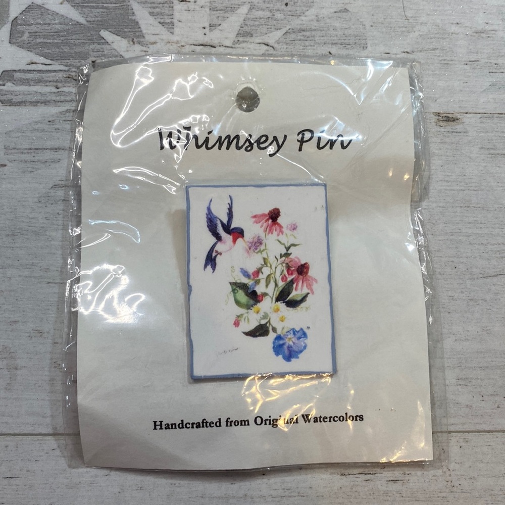 Whimsey Pin Handcrafted Watercolor Hummingbird and Flower Pin